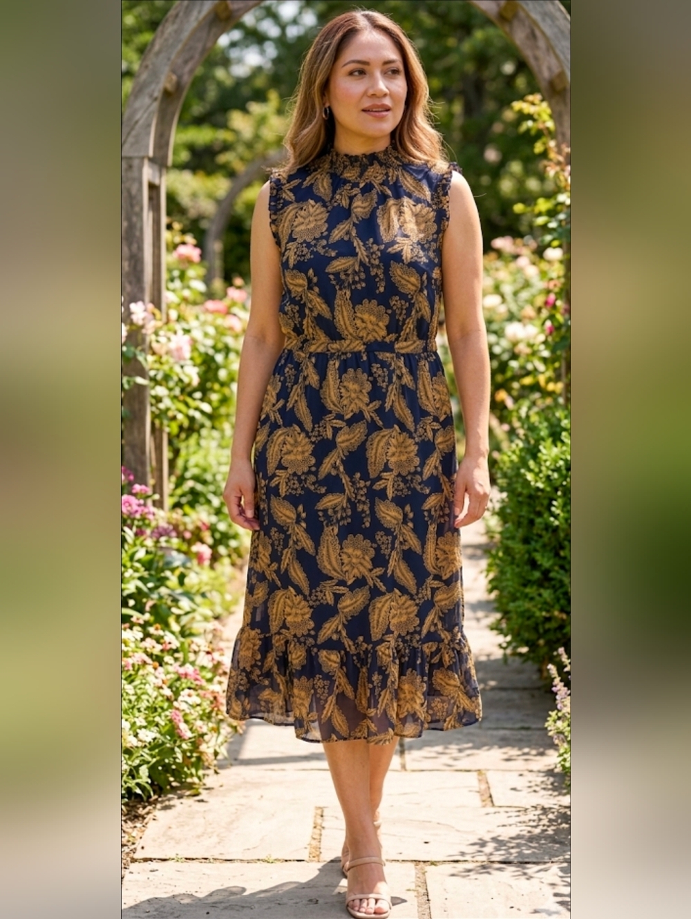 NWOT J. Crew Navy Gold Botanical Floral Smocked Midi Dress 4